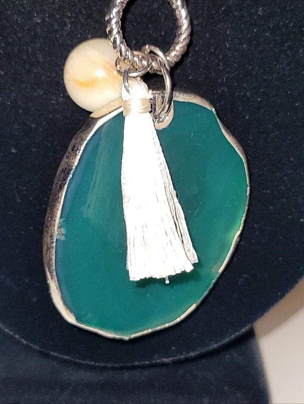 Boho Beaded Tassel Necklace Green Agate Slice Pendant Pearl Charm Adjustable